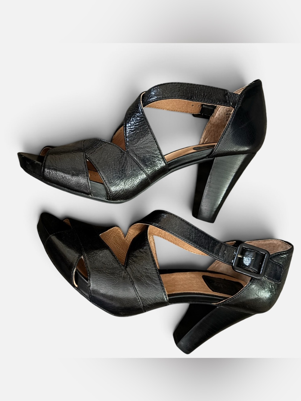 Vintage Clarks Artisan Strappy Leather Peep Toe Tapered Block Heels Career Shoes